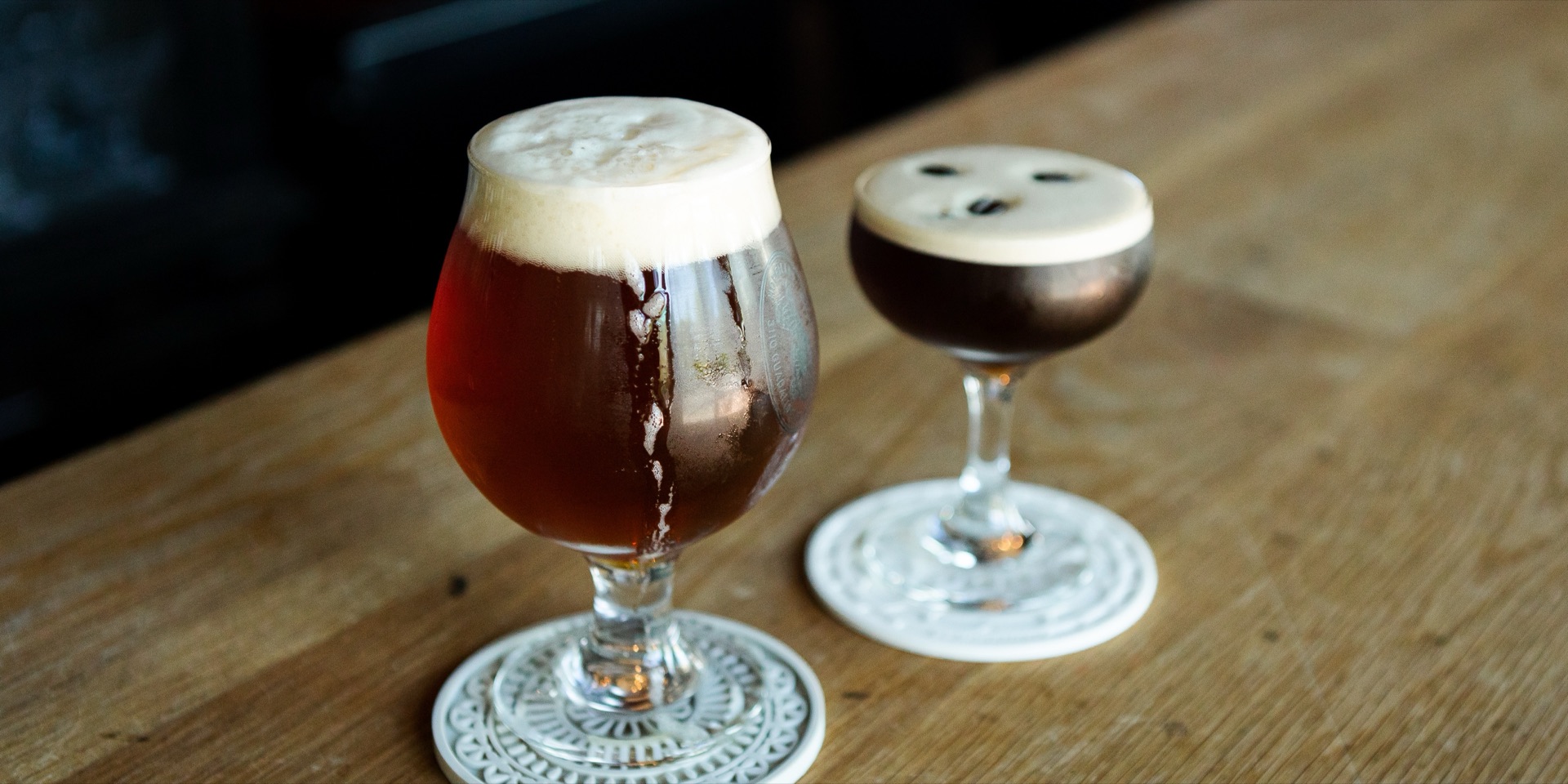 A craft beer and an espresso martini on the Hopfields bar