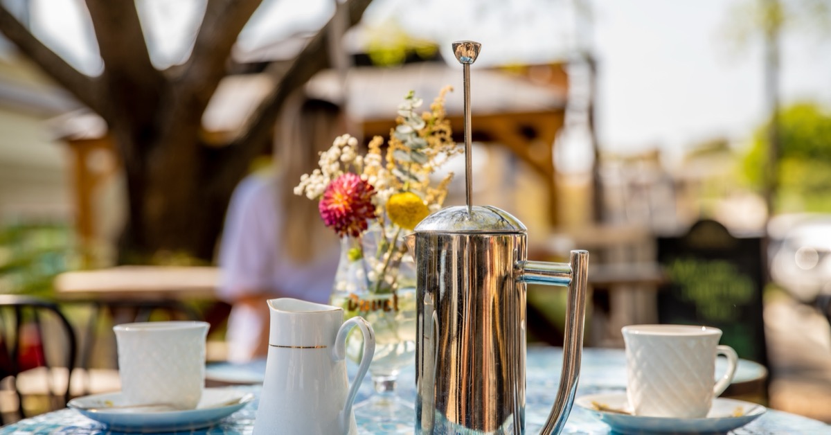 French press coffee on the Hopfields patio