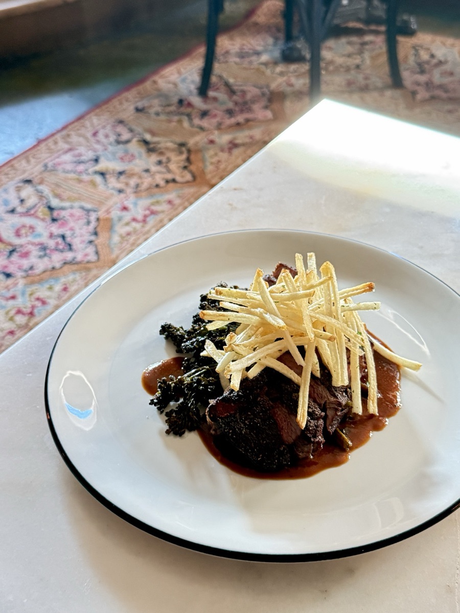 Contre-Filet au Jus at Hopfields: grass-fed New York strip with charred broccolini and petite frites