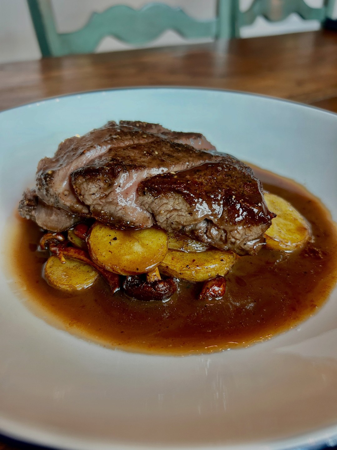44 Farms flat iron steak at Hopfields in sauce bourguignon with potatoes